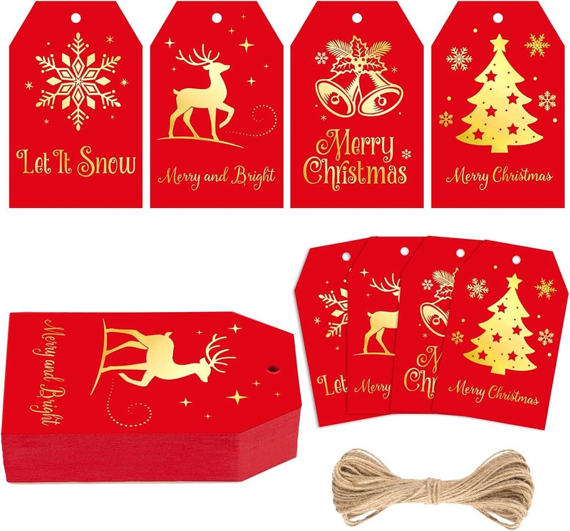 g2plus 60Pcs Christmas Gift Tags with String - Red and Gold Merry Christmas Paper Tags, 4 Designs Xmas Tag for Holiday Wrapping, DIY Crafts, Gift Exchange, Party Favors - Image 1